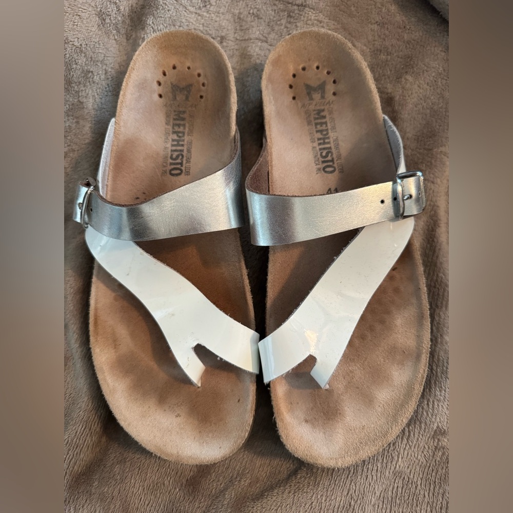 Mephisto sandals, size 10, white and silver
